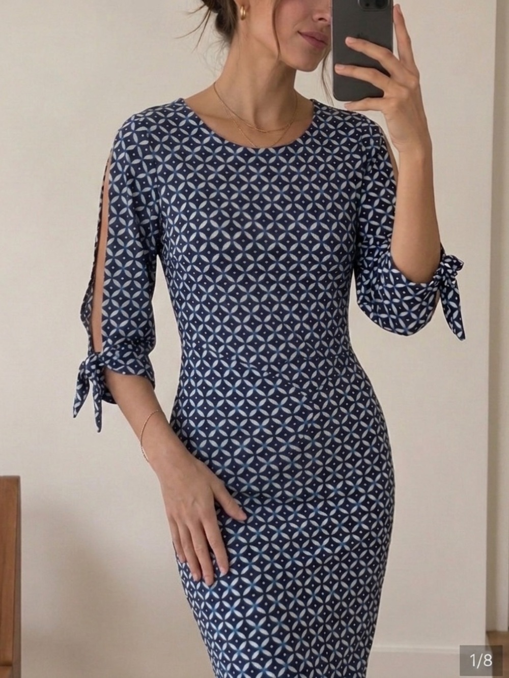 Ralph Lauren | NWT blue geometric print slit shoulder fitted shift dress